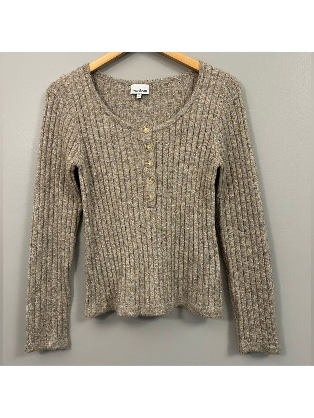 Heartloom Ribbed Knit Sweater in Taupe Medium Button Up